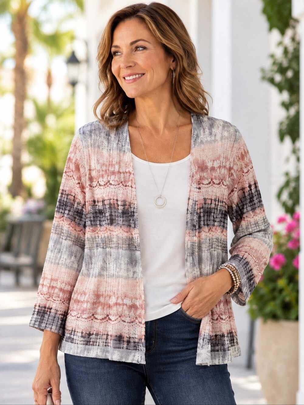 Alfred Dunner Womens Lg 2-Pc Cardigan Tank Shimmer Coral Gray Lightweight Kni